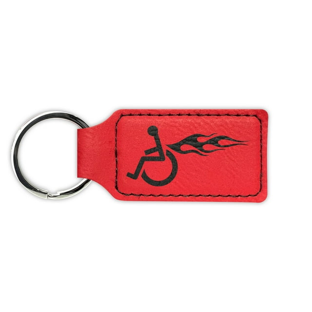 Left Facing Wheelchair with Flames Keychain Leatherette Rectangle - Laser Engraved - Many Colors - Key Chain Ring - handicap hot rod hotrod - Red