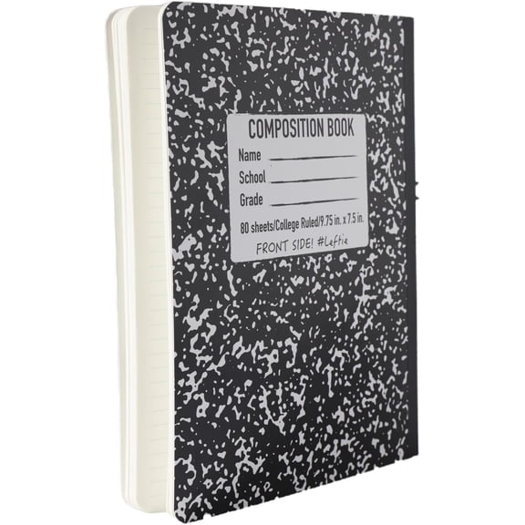 Left Handed Composition Notebook, 9.75'' X 7.5'', The Lefty Stuff Series, 70GSM w. Hard Cover, 200 Pages, College Ruled. Black Marble. 1pk