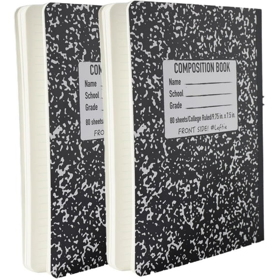 Left Handed Composition Notebook, 9.75'' X 7.5'', The Lefty Stuff Series, 70GSM w. Hard Cover, 200 Pages, College Ruled. Black Marble. 2pk