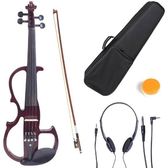 Left-Handed Electric Violin - 1/2 Full Set Solid Wood Electric Silent Violin with Ebony Fittings, Ideal Gifts for Musicians & Music Enthusiasts, Mahogany Metallic$$Music