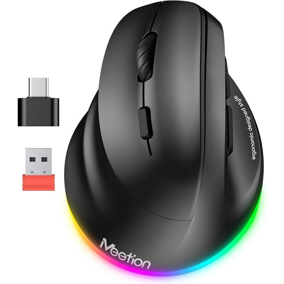 Left-Handed Ergonomic Mouse, Wireless Vertical RGB Rechargeable Mouse, Bluetooth(5.2 + 3.0) & USB-A with USB-C Adapter 4 Adjustable DPI Mice for Mac/Windows/PC/Tablet/iPad Black