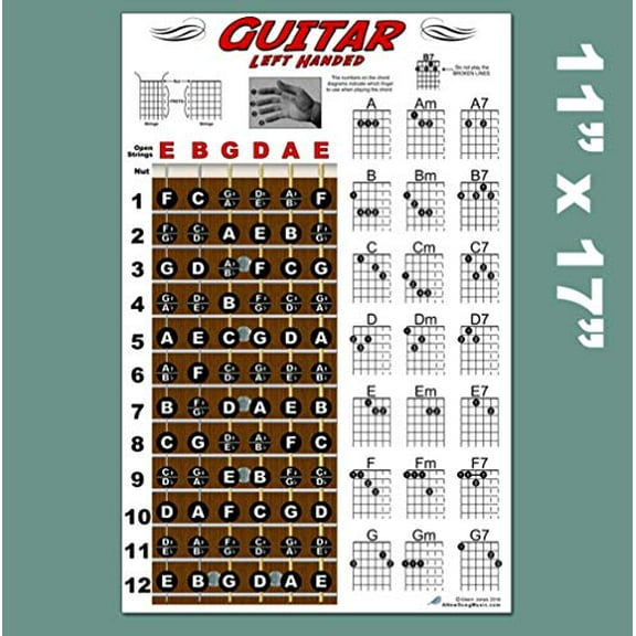 Left Handed Guitar Fretboard & Chord Chart - Instructional Poster for Left Hand Beginner 11"x17" Easy | A New Song Music