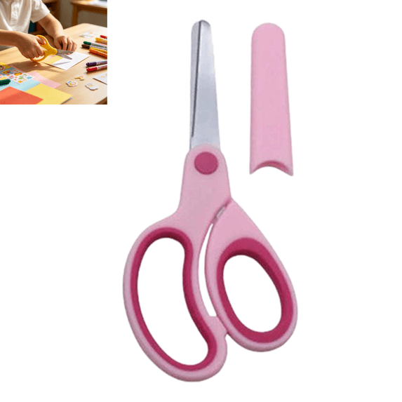 Left-Handed Kids Student Scissors, Stainless Steel Blunt Round Tip School Scissors with Protective Safety Sleeve, Portable Small Craft Scissors for Students Art Projects