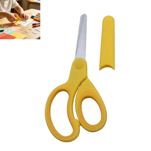 Left-Handed Kids Student Scissors, Stainless Steel Blunt Round Tip School Scissors with Protective Safety Sleeve, Portable Small Craft Scissors for Students Art Projects