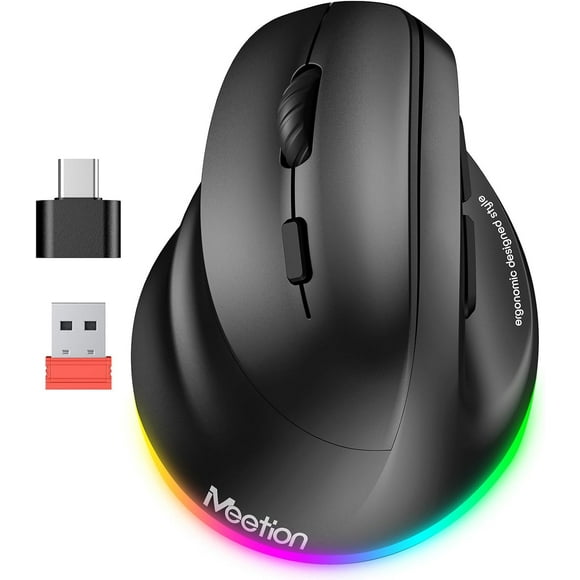 Left-Handed Mouse, Ergonomic Mouse Wireless Vertical Mouse, RGB Rechargeable Mice for Bluetooth(5.2 + 3.0) & USB-A with Type-c Adapter 4 Adjustable DPI for Mac/Windows/PC/Tablet/iPad Black