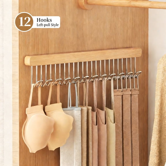 Left Pull Out Wall Mounted Wooden Hanger Rack | Sliding Belt & Bra Organizer | 12 Rust-Proof Hooks | Space-Saving Entryway & Bathroom Storage for Scarves & Ties