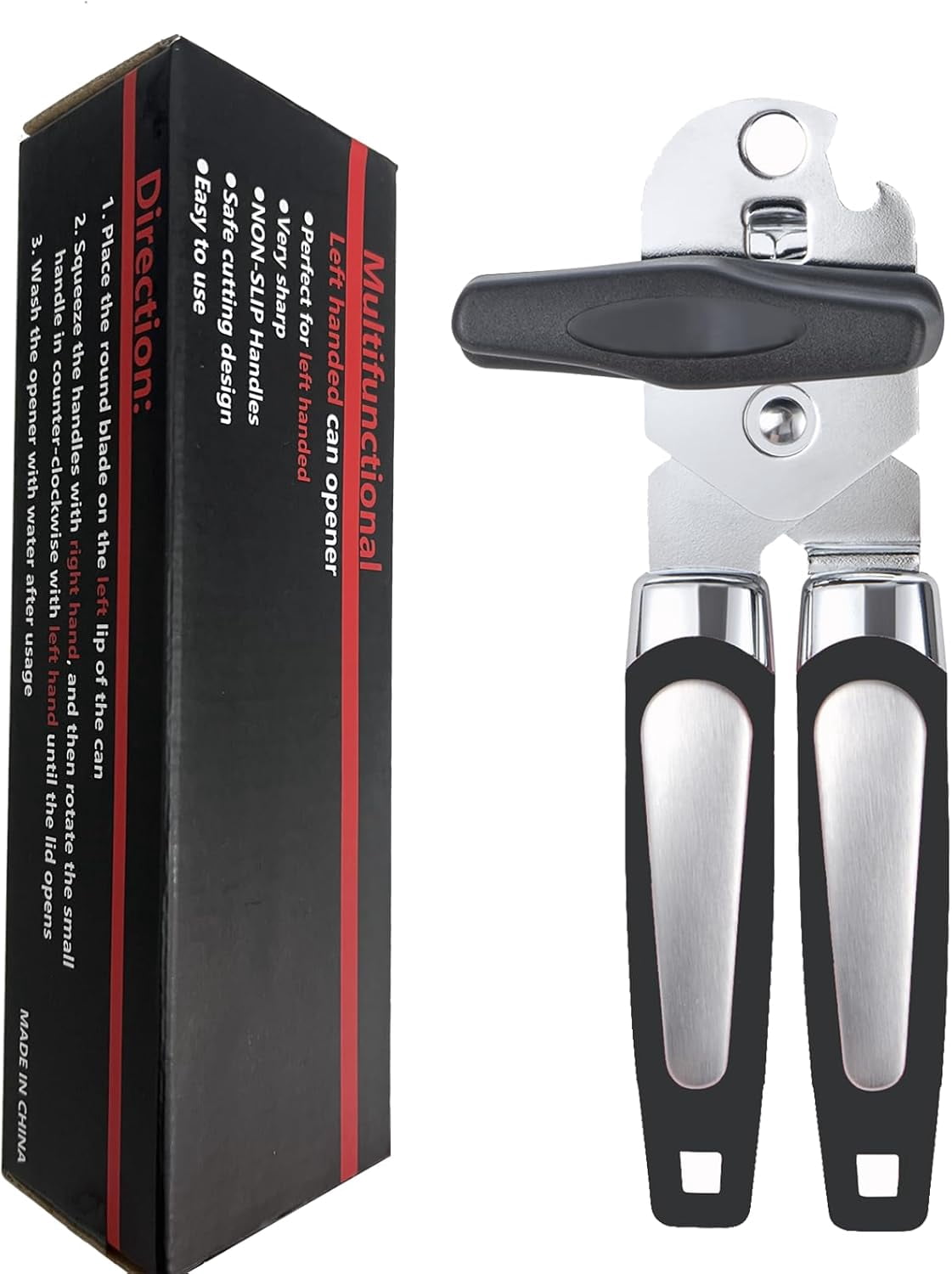 Left-handed can opener and bottle cap opener, left-handed person/adult kitchen tool cutlery (black)