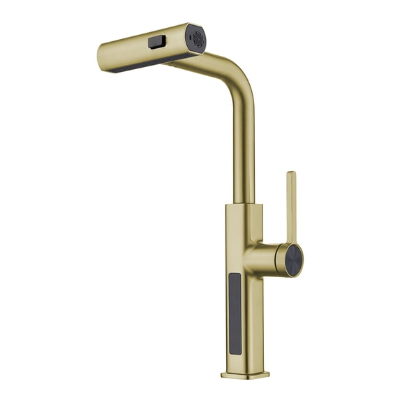 Lefton Pull-Out Waterfall Kitchen Faucet with Temperature Display, Two Water Outlet Modes, Single Hole, Brushed Gold, KF2209-5