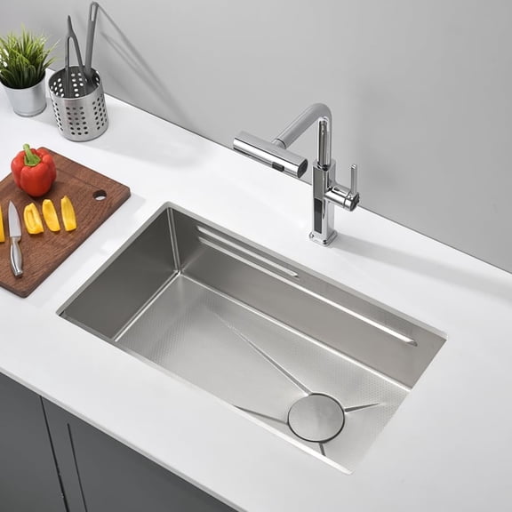 Lefton Single Bowl Kitchen Sink with Anti-scratch Honeycomb Embossed Pattern and Double Ledges, Drain Basket, Inside-Basin, and Cutting Board, Grey, KS2201-1