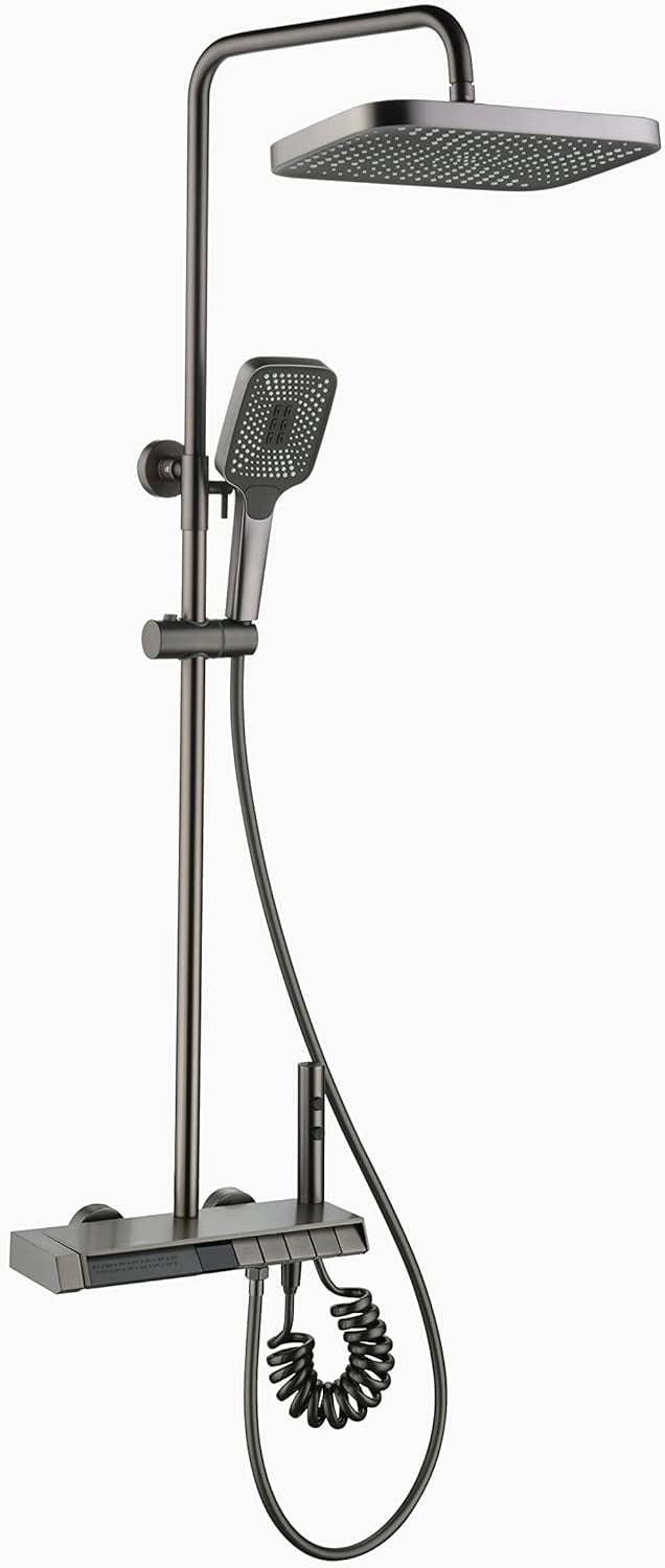 Lefton Temperature Display Shower Set with Dual Shower Head, Waterfall Shower Faucet Set with Spray Gun, 5-in-1 Control System, Adjustable Water Outlet Modes and Hot & Cold Water, Grey, SST2206-2