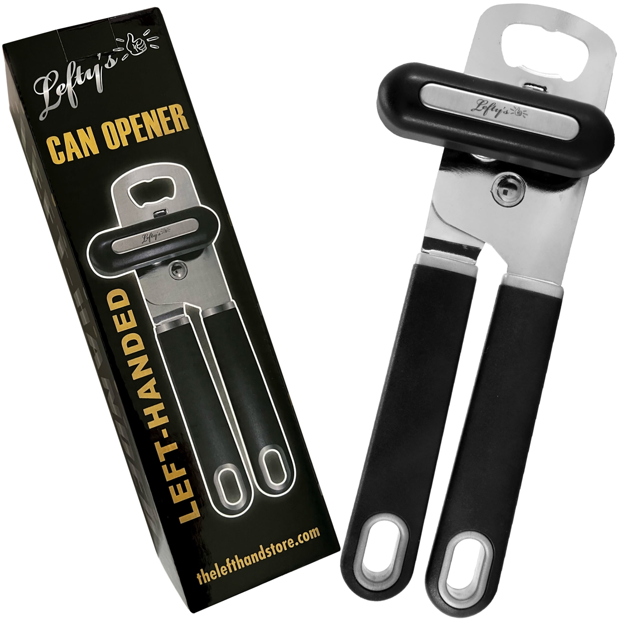 Leftys Left Handed Can Opener - Premium Design Black Heavy duty Stainless Steel - Easy To Turn Sharp Blade - Smooth Edge - Great Gift for Left-Handed People, Ad