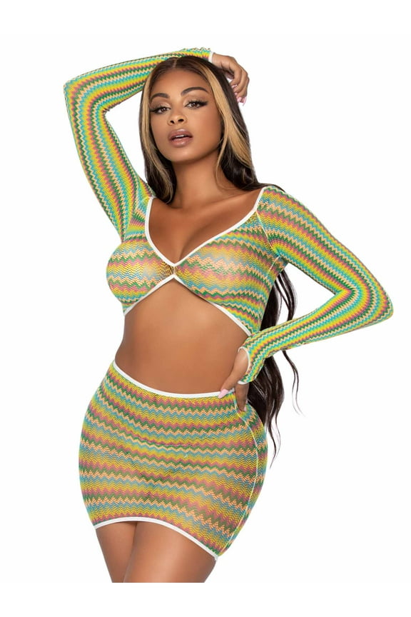 2-Piece Zig Zag Net Gauntlet Sleeve Crop Top and Mini Skirt Matching Bodycon Festival Outfit Set For Women