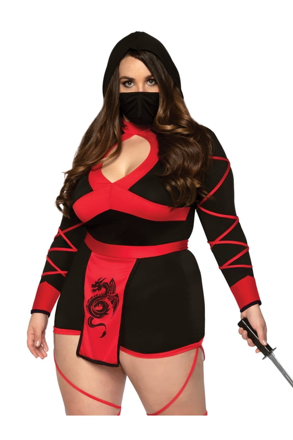 Dragon Ninja Costume for Women with Hooded Romper, Black/Red, 3 PC