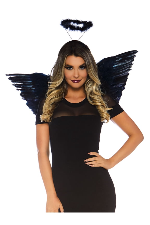 Feather Angel Wings and Halo Costume Accessory, Black, One Size