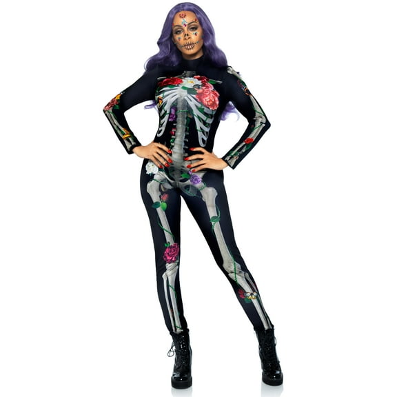 Leg Avenue Floral Skeleton Catsuit Women's Halloween Fancy-Dress Costume for Adult, S