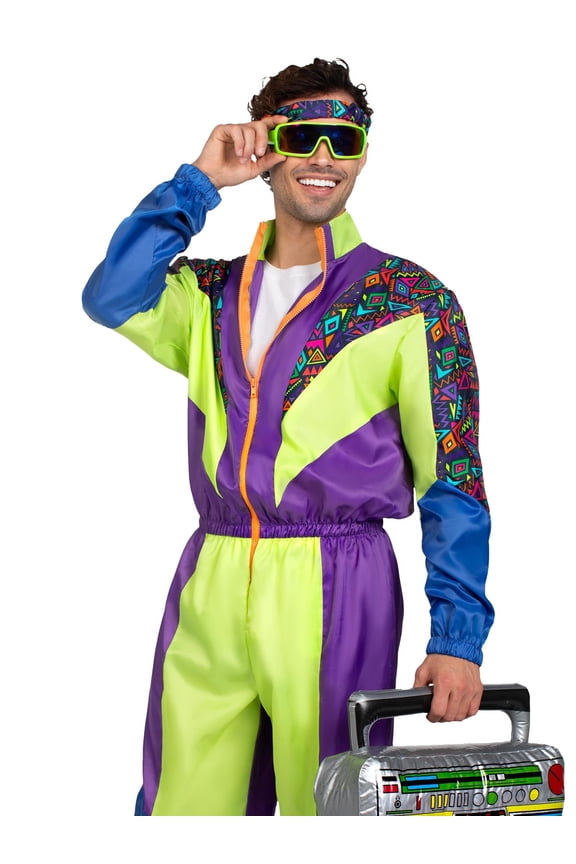 Men's Retro 80s Tracksuit Halloween Costume, Purple/Green, X-Large