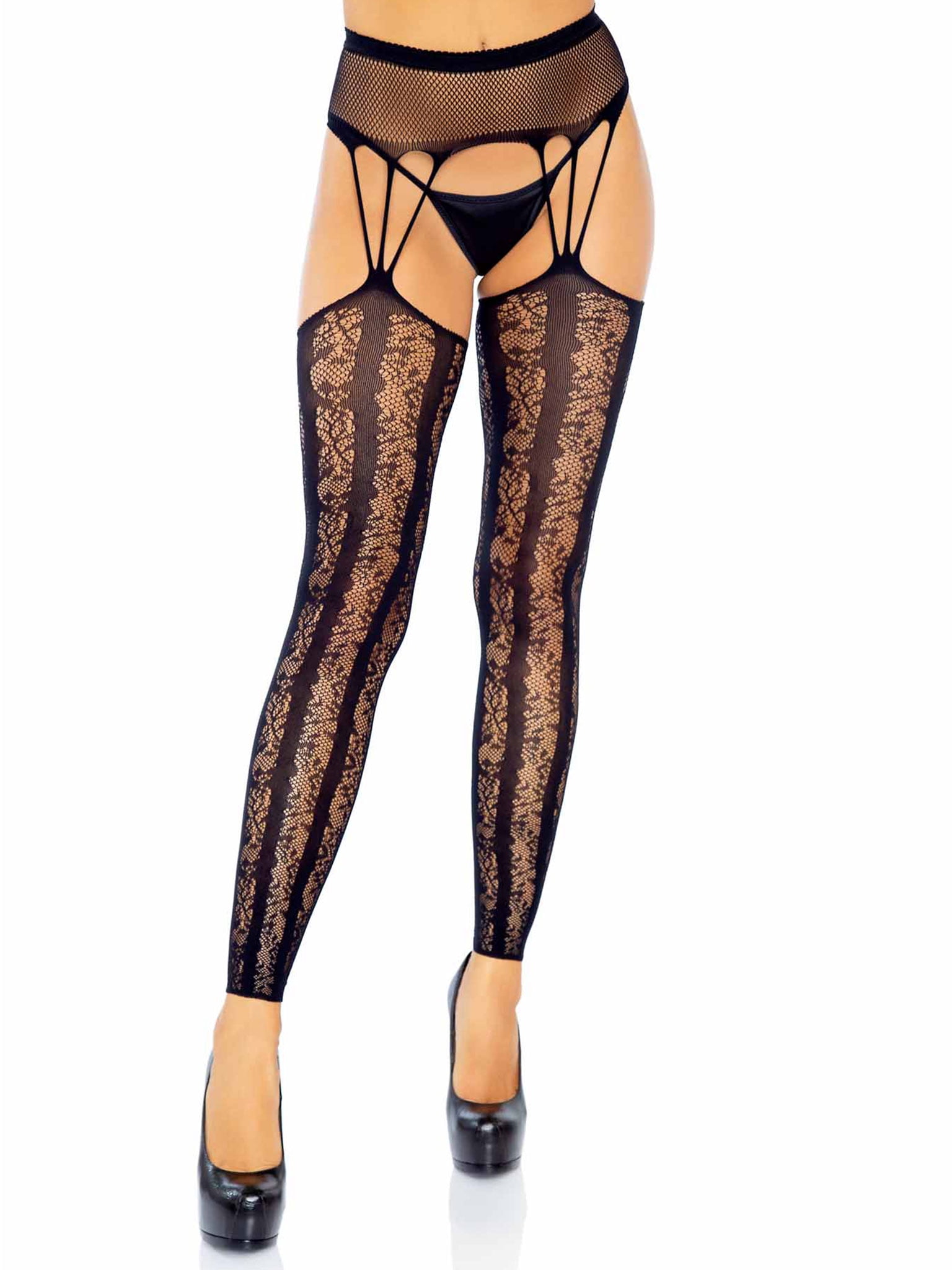 Leg Avenue Striped Lace Footless Stockings Floral Lace Tights With Attached  Garter Belt For Women 