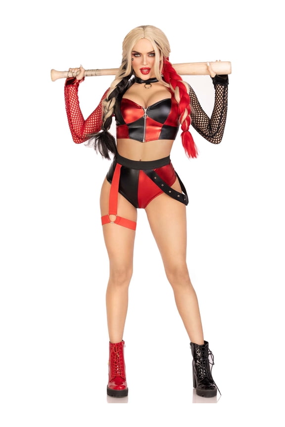 Women's 2 Pc Crime Spree Sweetie Costume with Zip Up Crop Top, Bottoms With Attached Garter