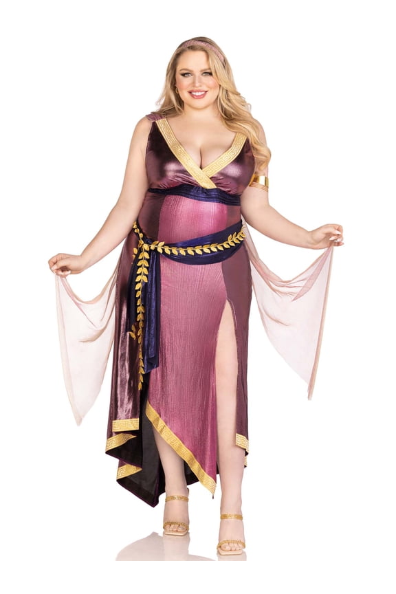 Women's 3 Pc Amethyst Goddess Costume with Asymmetrical Shimmer Dress, Gold Leaf Sash, Headband