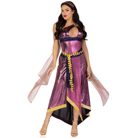 Leg Avenue Women's 3 Pc Amethyst Goddess Costume with Asymmetrical Shimmer Dress, Gold Leaf Sash, Headband