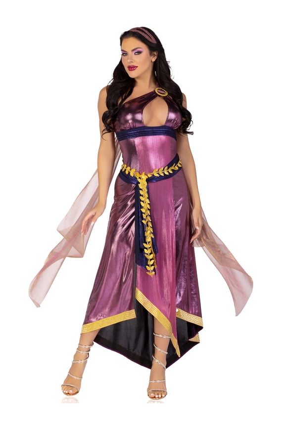 Women's 3 Pc Amethyst Goddess Costume with Asymmetrical Shimmer Dress, Gold Leaf Sash, Headband