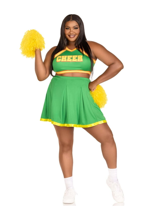 Women's 3 Pc Bring It Baddie Costume with Crop Top, Pleated Skirt, Pom Poms