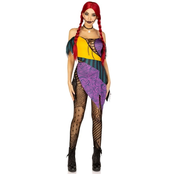 Leg Avenue Women's 3 Pc Darling Rag Doll Costume with Patchwork Dress, Detachable Clear Straps, Skull Head Choker