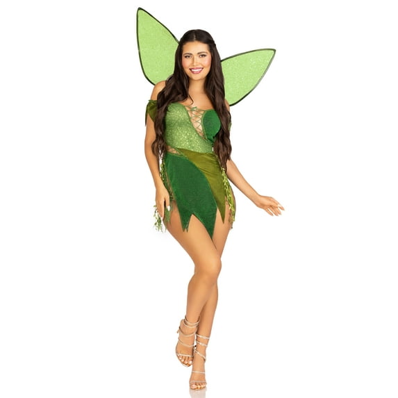 Leg Avenue Women's 3 Pc Forest Fairy Costume with Patchwork Dress, Detachable Clear Straps, Shimmer Fairy Wings