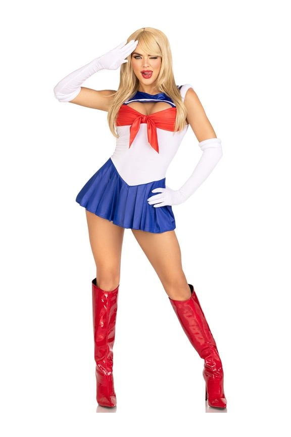 Women's 3 Pc Sexy Sailor Costume with Snap Bottom Bodysuit, Pin-On Back Bow, Gloves
