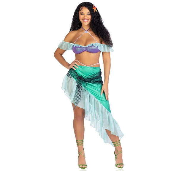 Leg Avenue Women's 3 Pc Spellbound Mermaid Costume with Iridescent Bra Top, Asymmetrical Skirt, Hair Clip