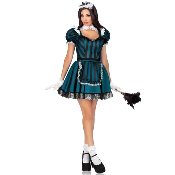 Leg Avenue Women's 4 Pc Victorian Maid Costume with Striped w/ Attached Petticoat, Apron, Collar, Head Piece