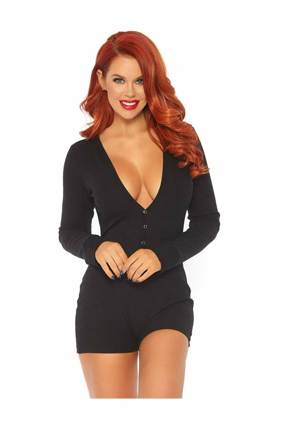 Women's Brushed Rib Romper Long Johns With Cheeky Snap Closure Back Flap