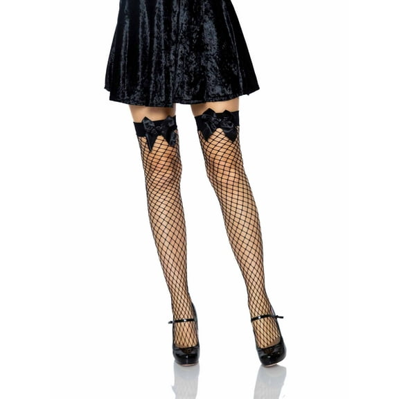 Leg Avenue Women's Fence Fishnet Bow Top Thigh High Hose Stockings, Black, O/S