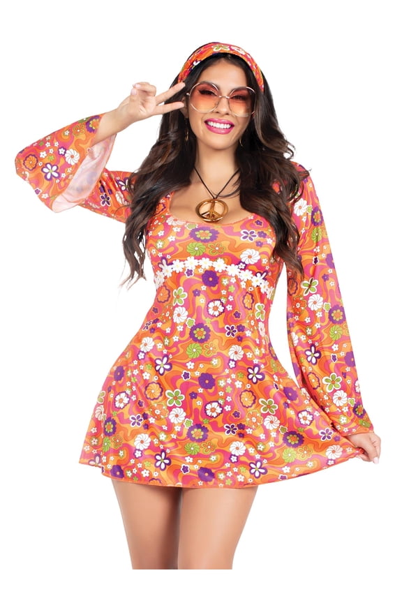 Women's Hippie Chick Halloween Costume, Orange, SML/MED