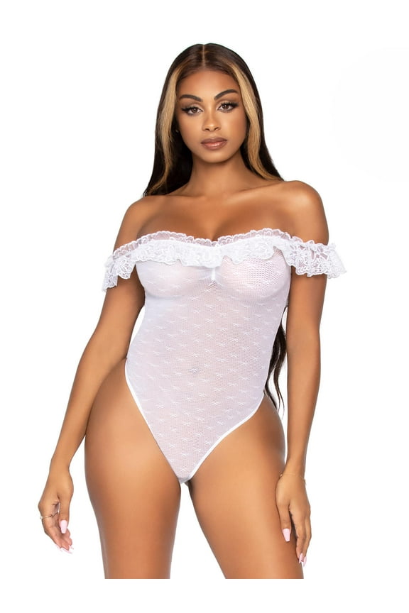 Women's Lace Ruffle Off The Shoulder Teddy, White, O/S