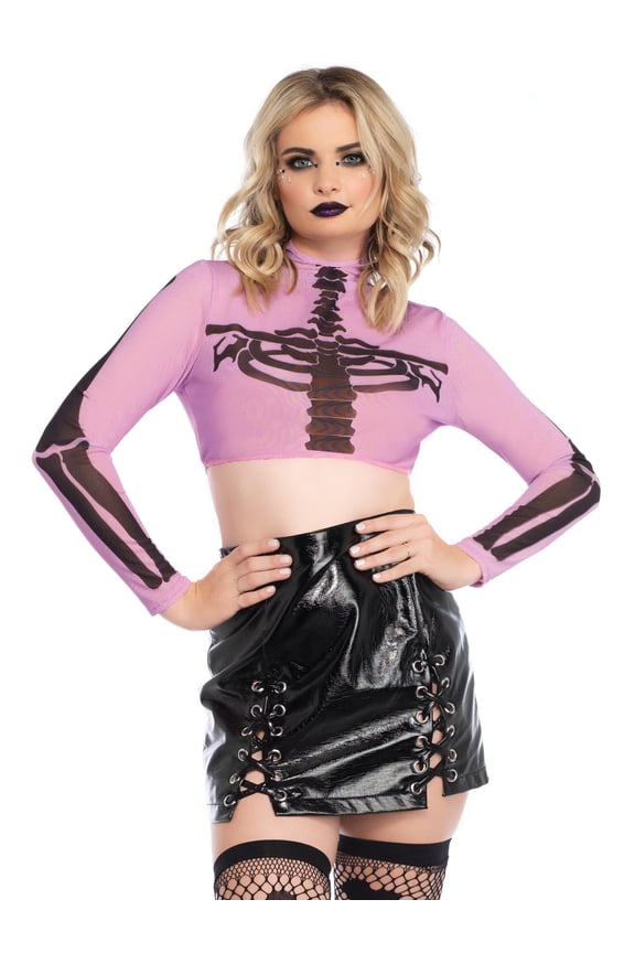 Women's Long Sleeve Mesh Crop Top, Purple, Large