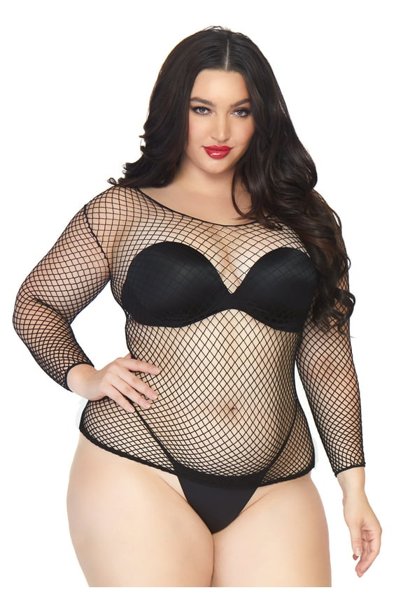 Women's Long Sleeved Industrial Fishnet Shirt, Black, 1X/2X