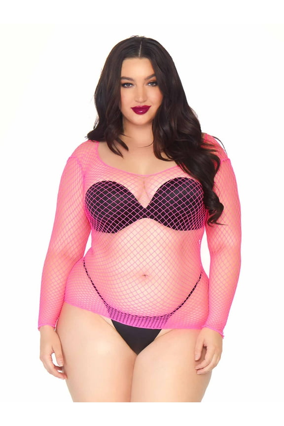 Women's Long Sleeved Industrial Fishnet Shirt, Neon Pink, 1X/2X