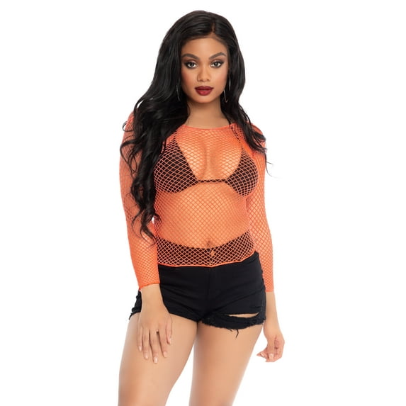 Leg Avenue Women's Long Sleeved Industrial Fishnet Shirt, Orange, One Size