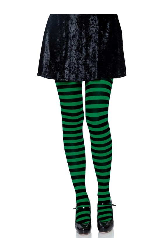 Women's Nylon Striped Tights, Black/Kelly Green, One Size