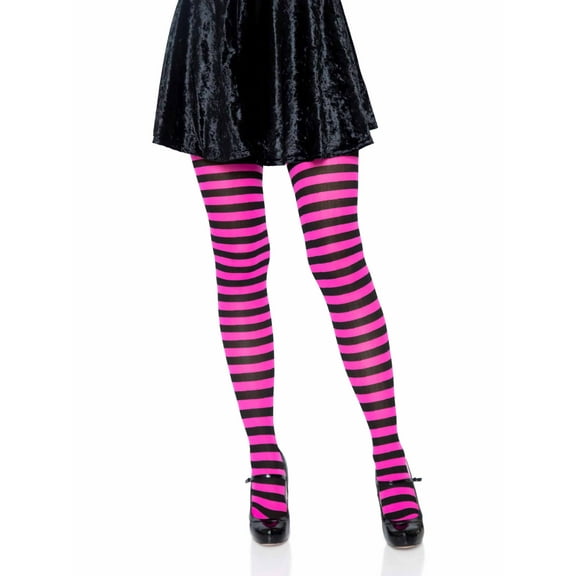 Leg Avenue Women's Nylon Striped Tights, Black/Neon Pink, One Size
