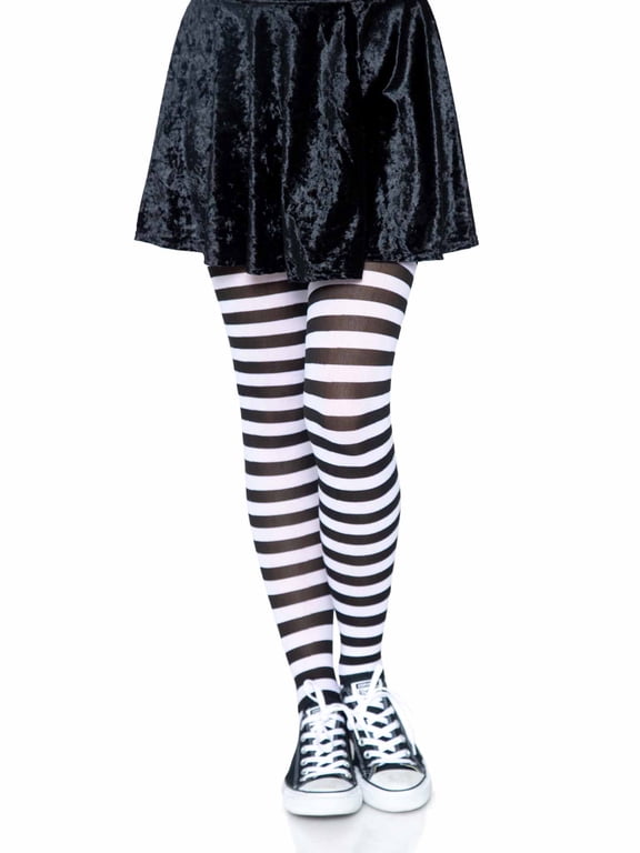 Women's Nylon Striped Tights, Black, One Size