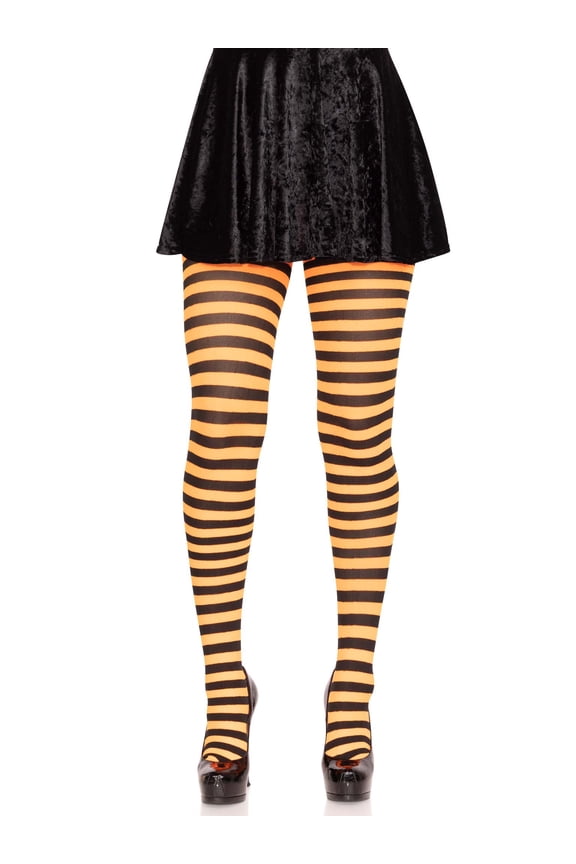 Women's Nylon Striped Tights, Black/Orange, One Size