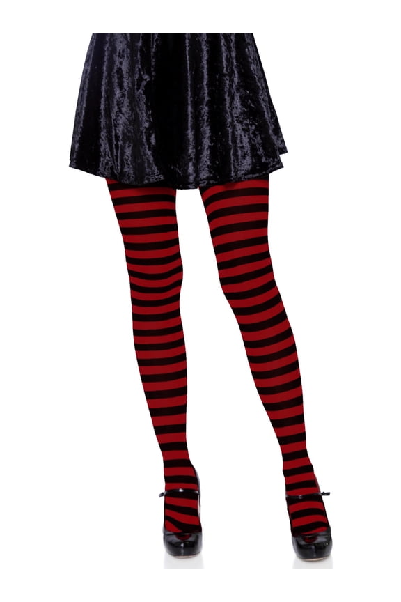 Women's Nylon Striped Tights, Black/Red, One Size