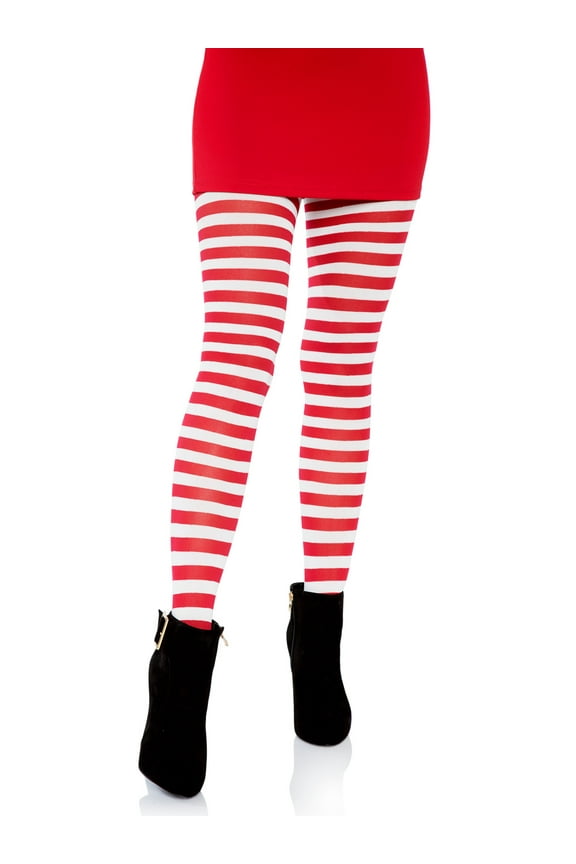 Women's Nylon Striped Tights, White/Red, One Size