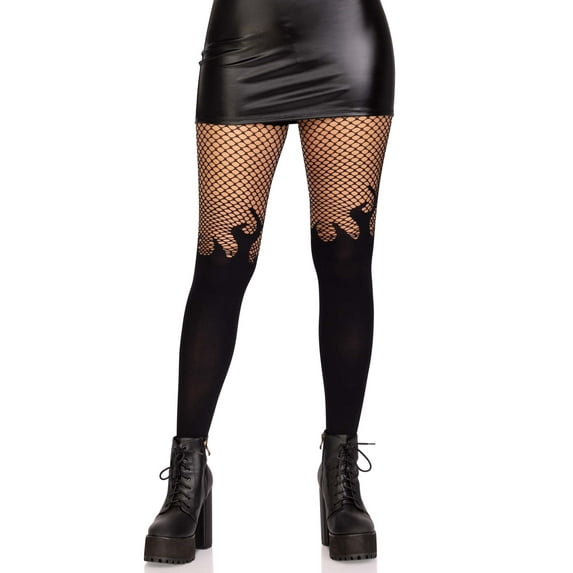 Leg Avenue Women's Opaque Flame Tights With FishFishnet Top