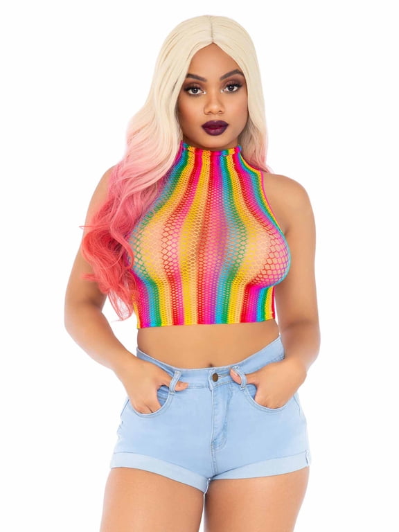 Women's Rainbow Fishnet High Neck Crop Top