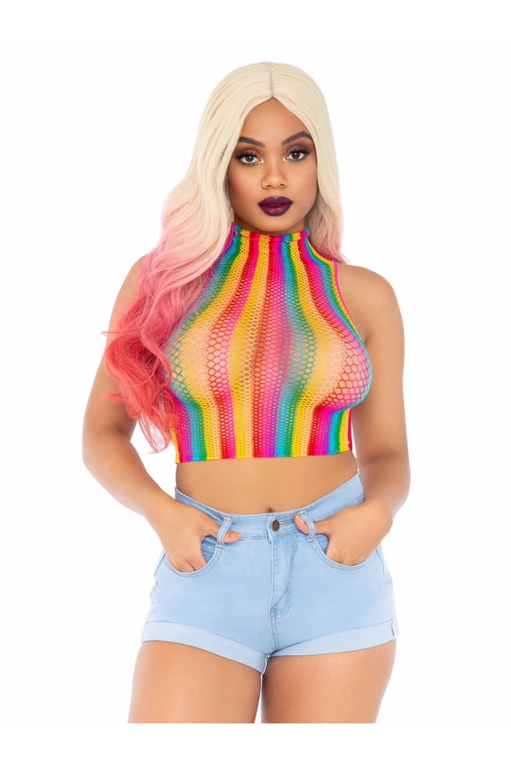 Women's Rainbow Fishnet High Neck Crop Top