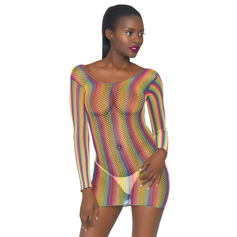 Leg Avenue Women's Rainbow Fishnet Long-Sleeved Mini Dress