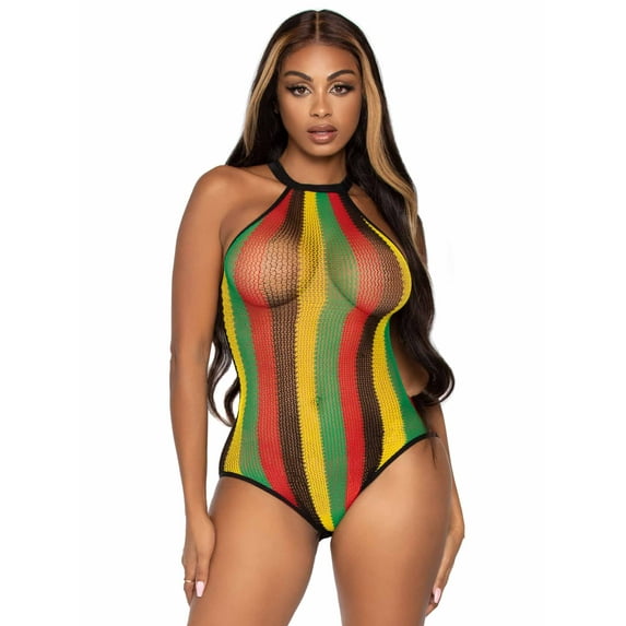 Leg Avenue Women's Rasta Fishnet Bodysuit with Snap Crotch